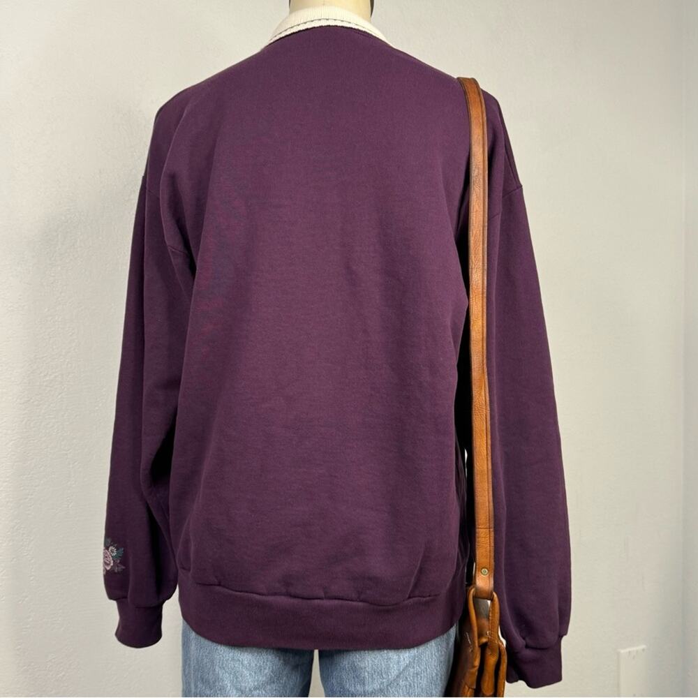 Vintage 90s Purple Flower Crewneck Sweatshirt Collar Cottagecore Granmacore - Picture 5 of 8